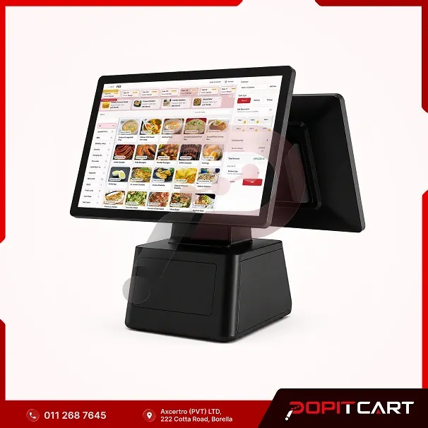 PopitCart dual screen POS computer with cashier touchscreen and customer-facing display