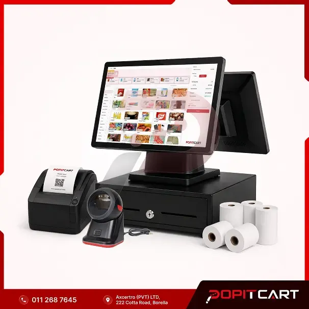 Retail POS with touchscreen, cash drawer, receipt printer and barcode scanner Retail POS with touchscreen, cash drawer, receipt printer and barcode scanner